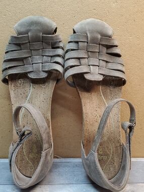 Ahnu Malini Mesa Gray Leather Woven Sandals Shoes Size 9.5